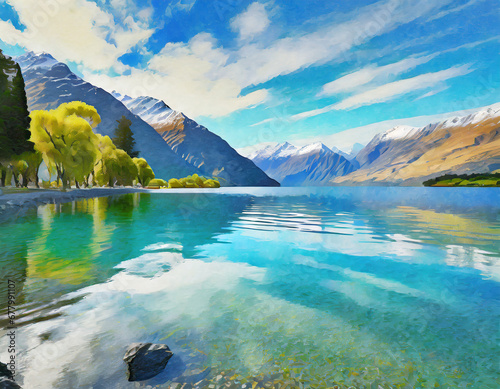 A tranquil lakeside view in summer in Queenstown, New Zealand, where crystal-clear waters meet snow-capped mountains, creating a breathtaking and serene landscape