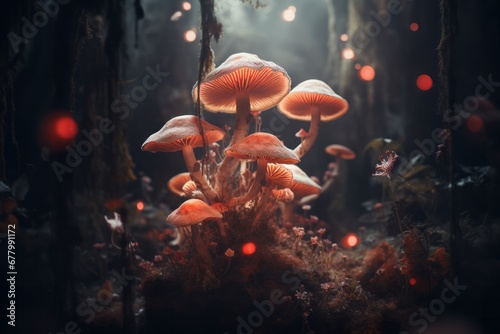 Artistic expression of the secret life of mushrooms in the magic forest, fantasy styl