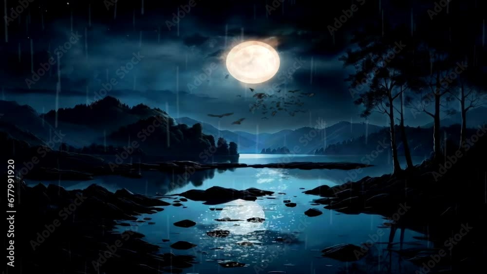 Fantasy night scene with full moon over lake, rain and thunderstorm. 4K seamless looping virtual animated background