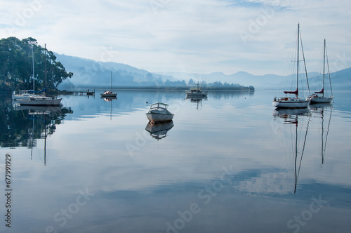 Boats and Harbour with Reflections on the Huon River, Tasmania