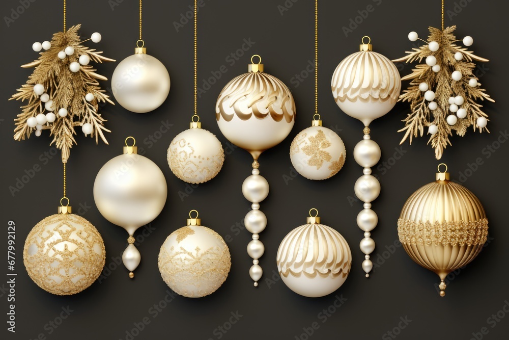 Fototapeta premium A set of Christmas balls in white and gold, New Year.
