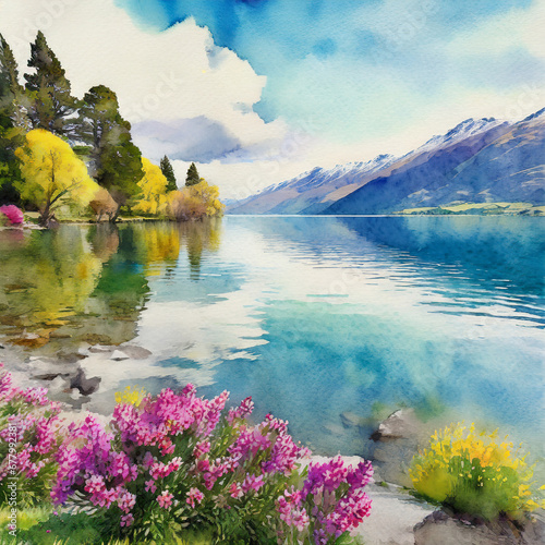 A tranquil lakeside view in spring in Queenstown, New Zealand, where blooming flowers and the vibrant greenery surrounding the lake create a refreshing and idyllic retreat.