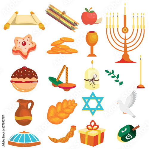 Set of Hanukkah symbols on white background