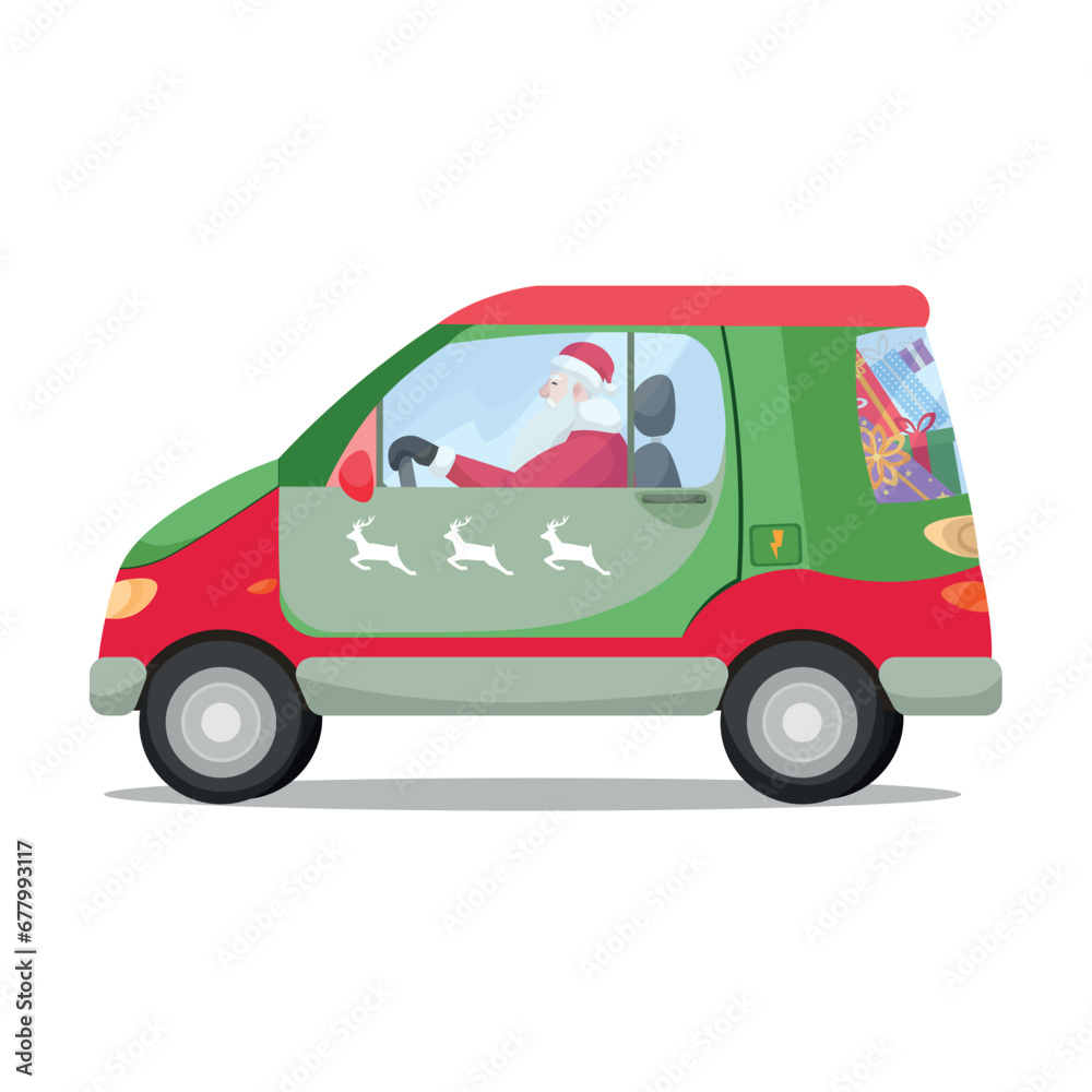 Fototapeta premium Santa Claus with gifts driving car on white background