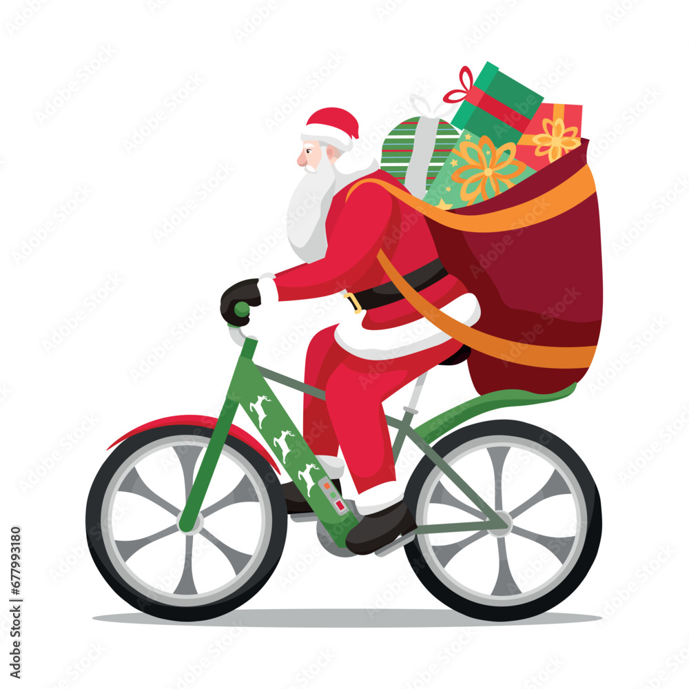 Santa Claus with gifts and bicycle on white background
