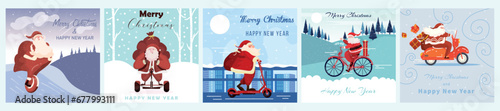 Greeting cards for Merry Christmas and Happy New Year with Santa Claus on modern electric transport