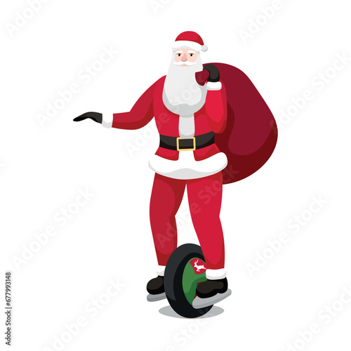 Santa Claus with gifts and modern electric wheel on white background
