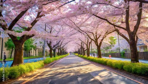 A suburban street lined with cherry blossoms in full bloom in Tokyo, Japan, creating a picturesque canopy of pink and white flowers during the enchanting spring season.