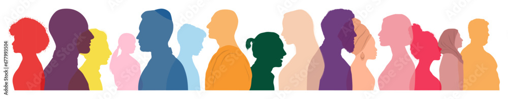 Many silhouettes of different people on white background