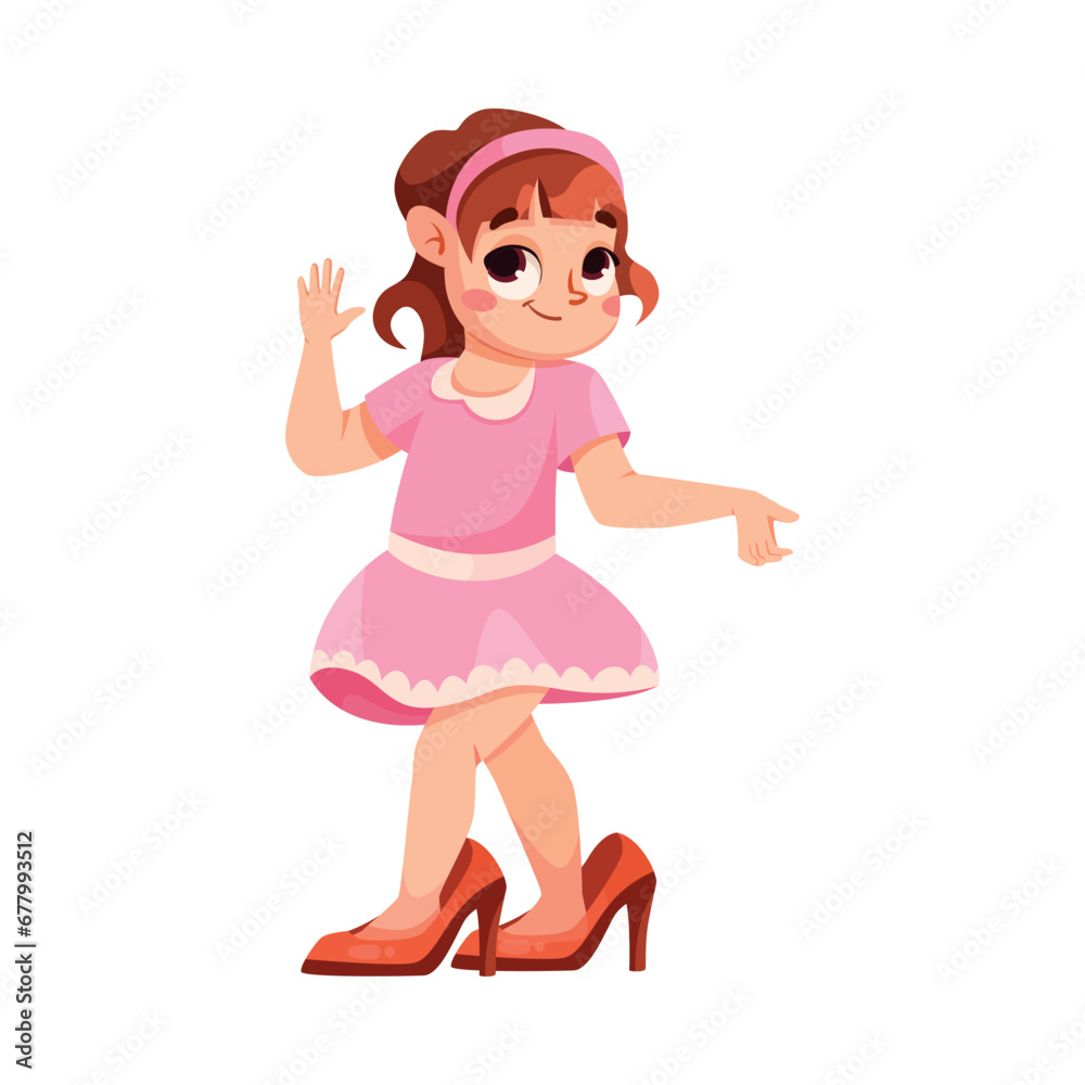 Little Girl Dress Up as Adult Wearing Oversized Clothes Vector Illustration