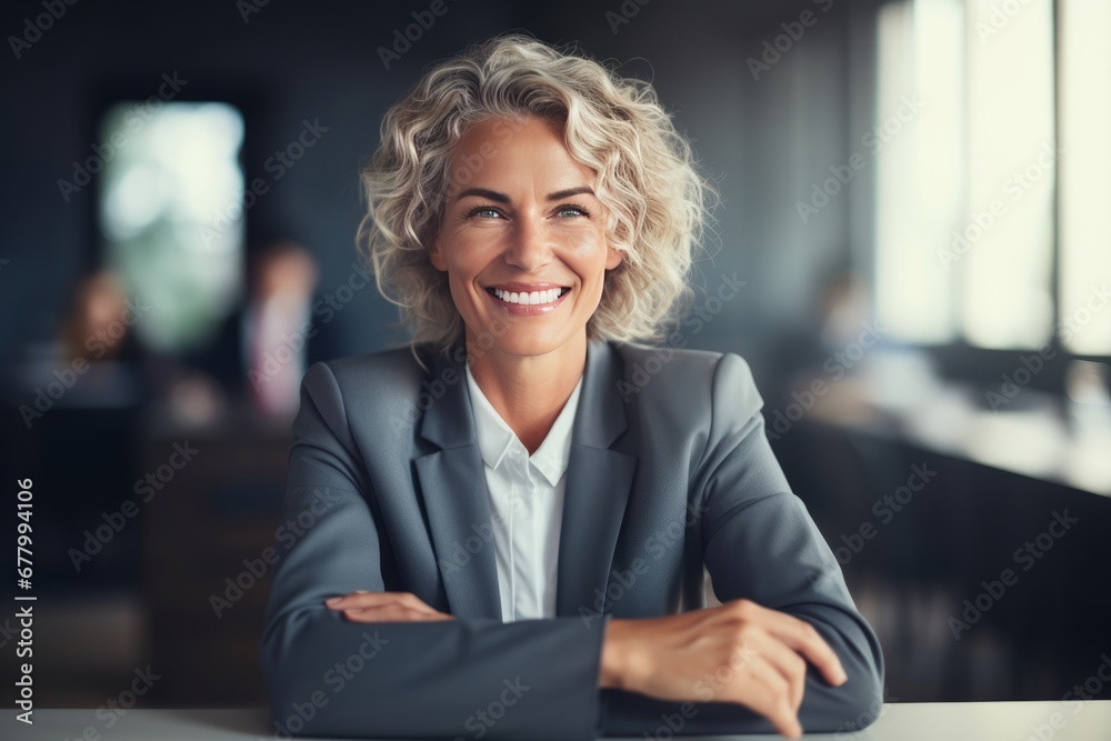 Happy mid aged business woman manager at the meeting - obrazy, fototapety, plakaty 
