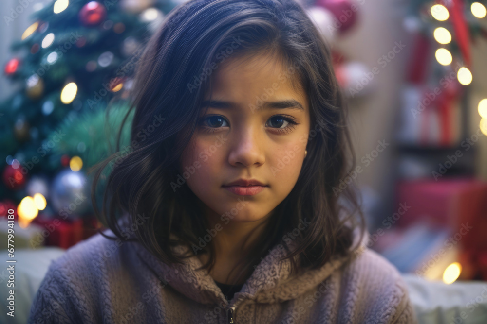a young girl for the new year. On Christmas night, a woman on the background of a Christmas tree a young girl for the new year. On Christmas night, a woman on the background of a Christmas tree