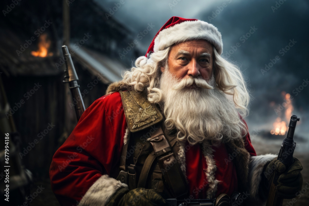 sad Santa Claus. the background of the destroyed buildings of the ...