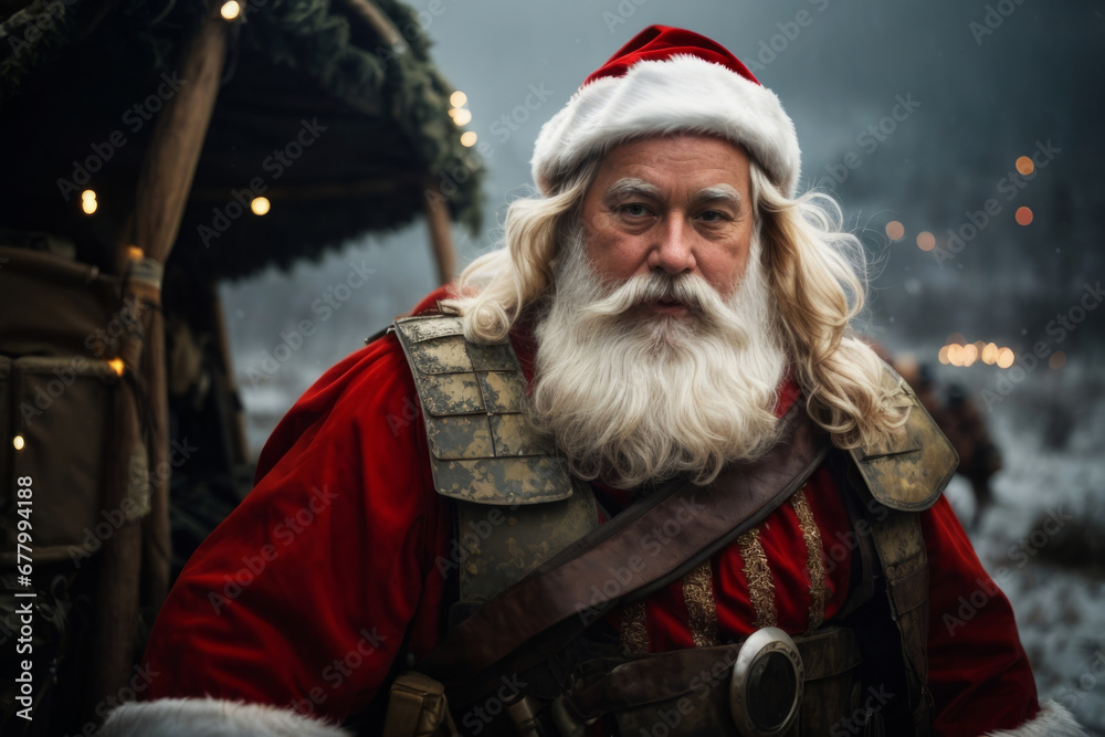 sad Santa Claus. the background of the destroyed buildings of the apocalypse on the battlefield. military christmas