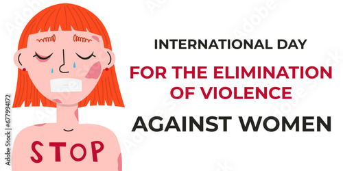 Banner for International day for the elimination of violence against women with crying young girl