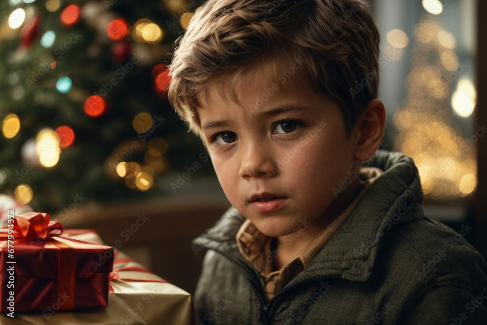a sad kid receives a gift in the new year. On Christmas night, a small child a sad kid receives a gift in the new year. On Christmas night, a small child