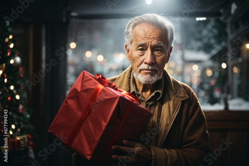 A sad Old grandfather received a gift from the children on New Year's Day. Christmas of a lonely elderly man. Myrealholiday, My real holiday photo