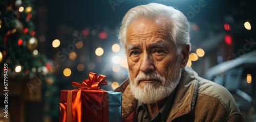 A sad Old grandfather received a gift from the children on New Year's Day. Christmas of a lonely elderly man. Myrealholiday, My real holiday photo