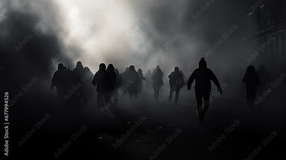 silhouettes of the crowd in the smoke on the street revolution riot.