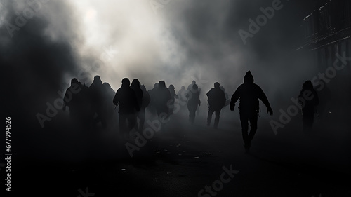 silhouettes of the crowd in the smoke on the street revolution riot.