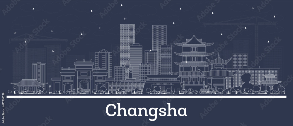 Outline Changsha China city skyline with white buildings. Business travel and tourism concept with historic architecture. Changsha cityscape with landmarks.