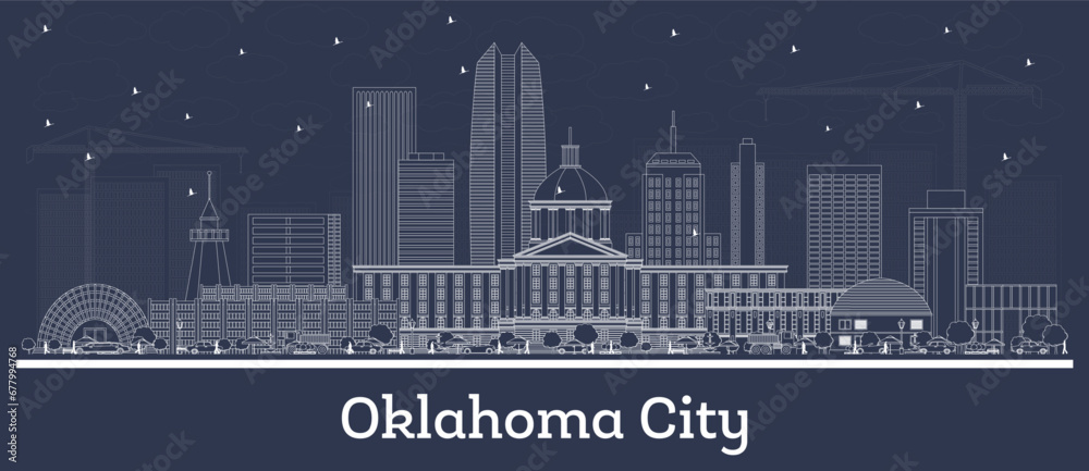 Outline Oklahoma City USA city skyline with white buildings. Business travel and tourism concept with historic architecture. Oklahoma City cityscape with landmarks.