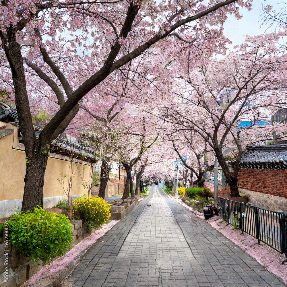 A suburban street lined with cherry blossoms in full bloom in Seoul, South Korea, creating a charming pink canopy during the blooming spring season.