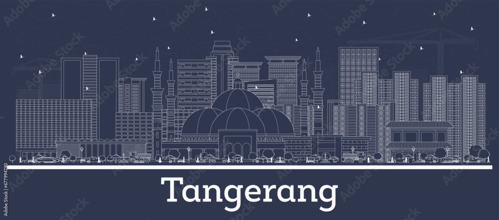 Outline Tangerang Indonesia city skyline with white buildings. Business travel and tourism concept with historic architecture. Tangerang cityscape with landmarks.