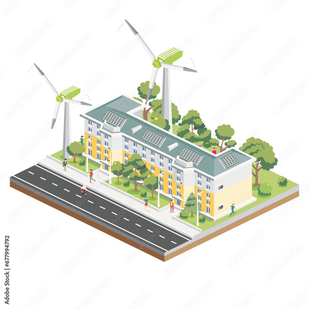 Isometric Residential Five Storey Building with Solar Panels with Wind Turbines. Green Eco Friendly House. Infographic Element. City Architecture Isolated on White Background.