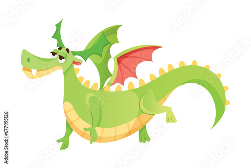 Fairy Green Dragon as Winged and Horned Legendary Creature Vector Illustration