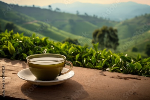 Tea cup standing on the table with the tea plantation on the background