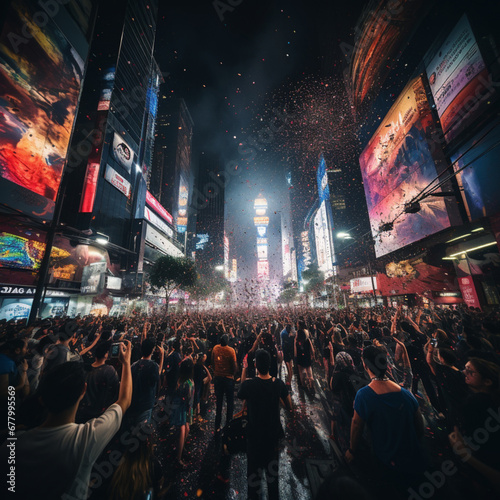 Crowds of people in Times Square at night. Times Square is a major tourist attraction in New York City,Generative AI