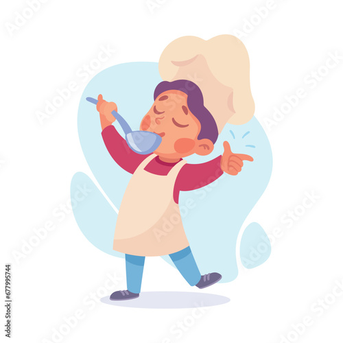 Boy Cook or Chef Character in Uniform Taste Soup with Ladle Cooking Meal Vector Illustration