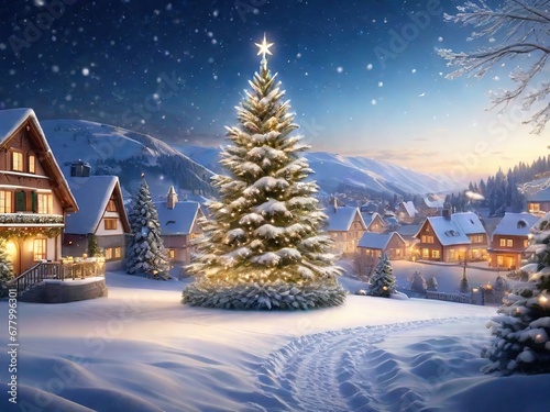 Majestuoso árbol de navidad en una ciudad nevada