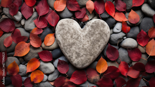 A heart-shaped stone amid smooth pebbles with scattered red leaves