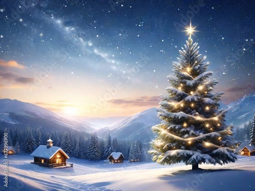 Árbol de navidad gigante al pie de una pequeña aldea nevada en medio de la montañas 