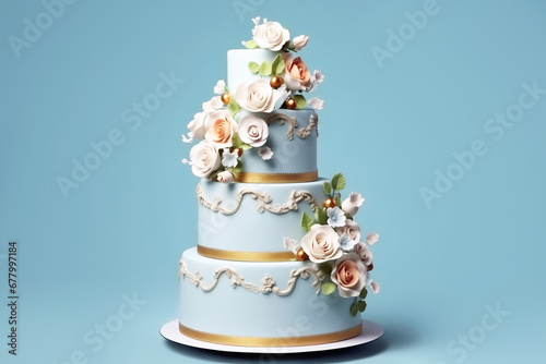 Four-tier cake with flowers on a blue background close-up.