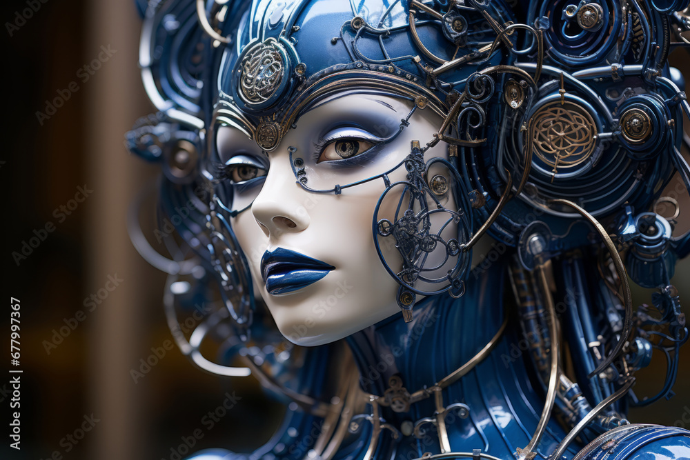 Blue and White Filigree Female Robot Sculpture with Enchanting Polished Metal Body