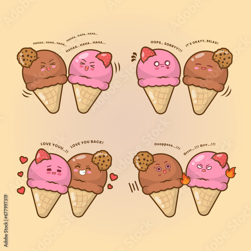 vector cute expression ice cream couple chocolate strawberry cookies dialog