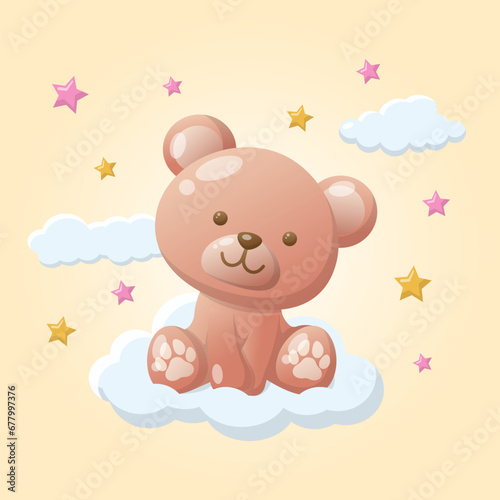 vector cute teddy bear doll on cloud with star for baby boy girl illustration