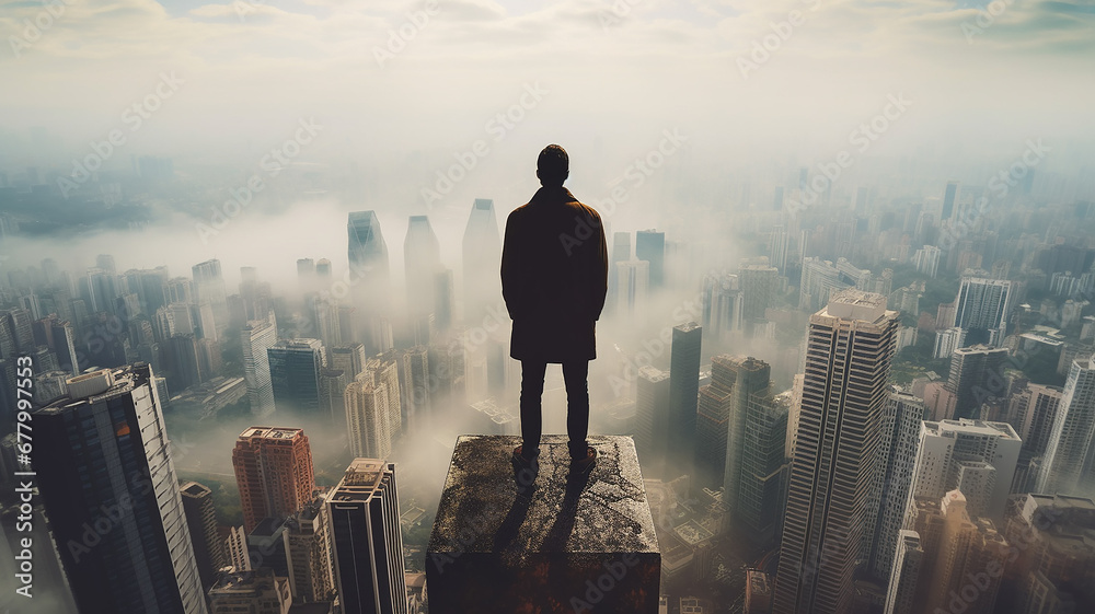 a man stands on the roof of a skyscraper overlooking the metropolis.