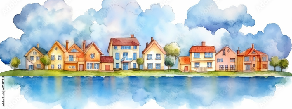 watercolor colorful houses reflected in the lake with clouds landscape panorama.