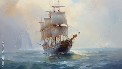 Print op canvas brigantine ship sailboat seascape drawing art.