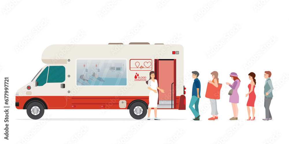 Fototapeta premium People waiting for turn to donate blood at blood donation bus.