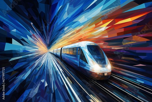 Train traveling through a tunnel with a bright colorful lights. Abstract Illustration