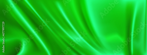 Light green satin cloth background. Vector realistic illustration of grass color silk fabric with wavy surface, luxury soft textile material, smooth texture, curtain with abstract folds, liquid paint
