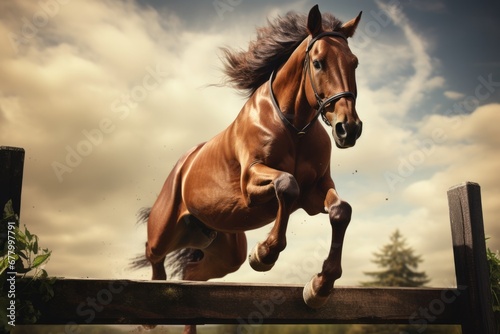 Brown horse jumping over a barrier photo