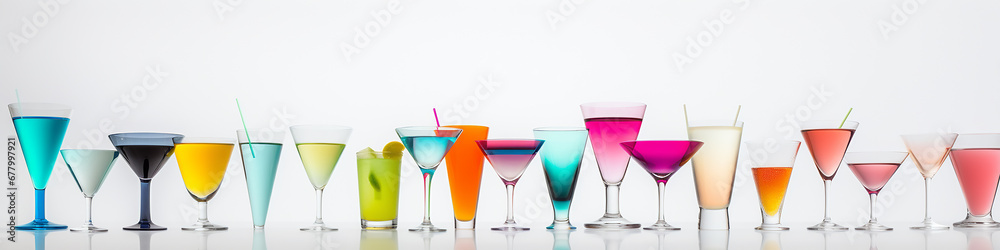 a row of multicolored cocktails isolated on a white background.