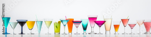 a row of multicolored cocktails isolated on a white background. photo