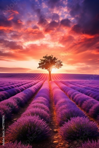 Dreamy landscape, vast lavender fields at sunset, single tree in foreground